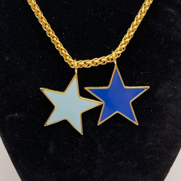 Gold Necklace with Blue and Light Blue Star Pendants - Picture 2 of 3